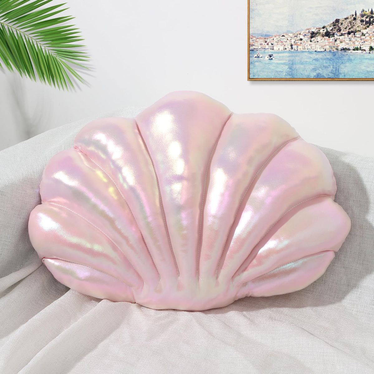 Marble Empire Seashell Pillow - Holographic Iridescent Foil Fabric Throw Pillow for Couch, Coastal Beach Theme Decor, Ocean Themed Bedroom Living Room Accent Pillow（Pearl White,14×11''）
