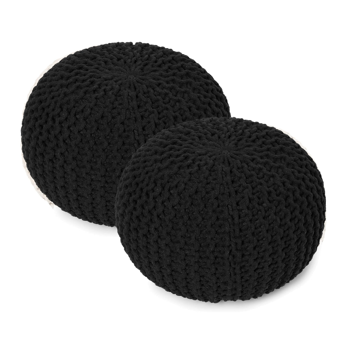 · REDEARTH · Round Pouf Ottoman - Hand Knitted Boho Poof - Mustard, Set of 2
