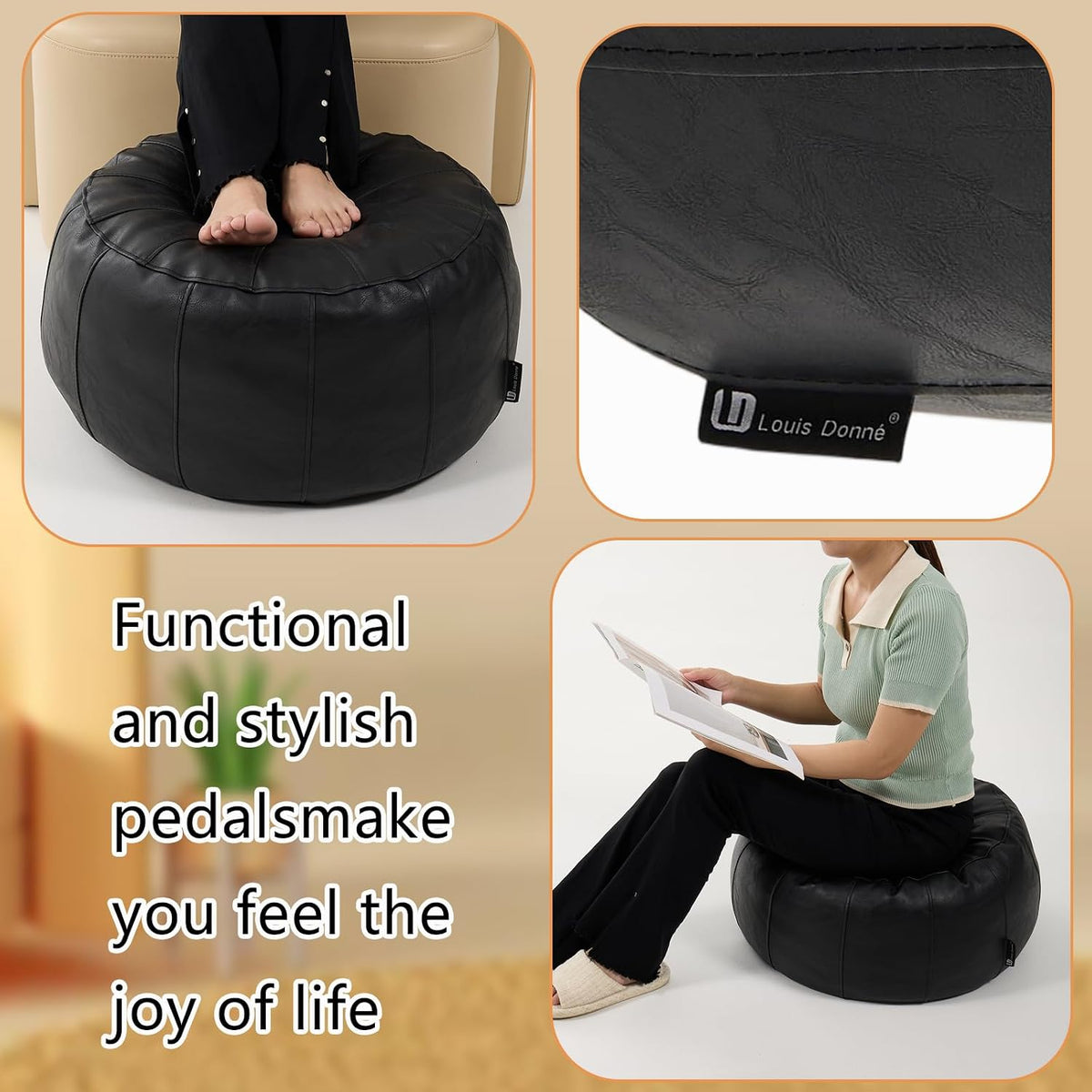 Louis Donné Unstuffed Pouf Ottoman Cover, Handmade Faux Leather Moroccan Pouf Ottoman Footstool, Floor Footrest Cushion, 21x12inch Black Storage Solution Poufs for Lving Room Gifts, ONLY Cover