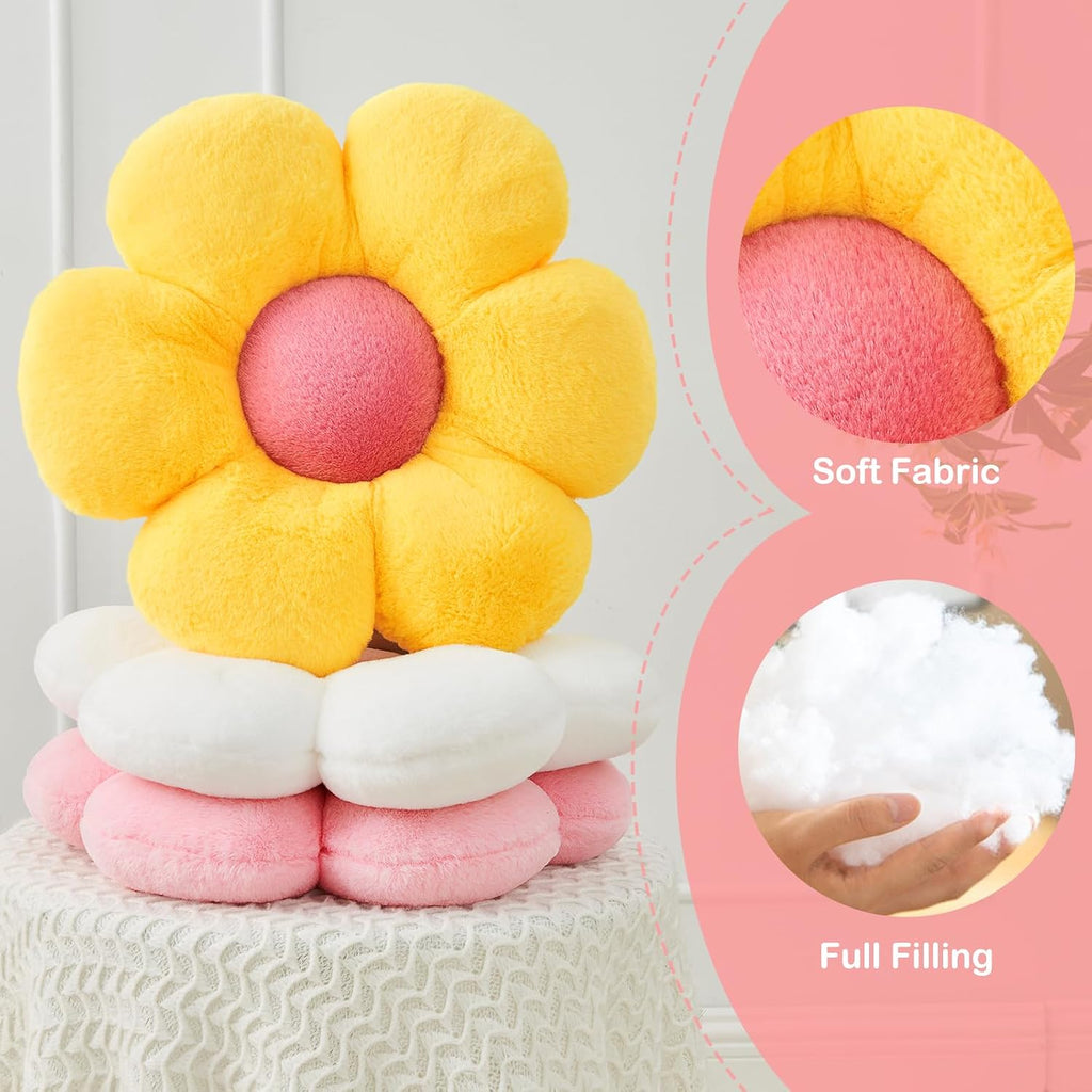 2 Pcs Flower Throw Pillow,15.7'' Daisy Shaped Pillows Set with Faux Rabbit Fur,Soft Flower Plush Throw Pillow Cushions for Bed Sofa Couch Home Decor (White+Pink)