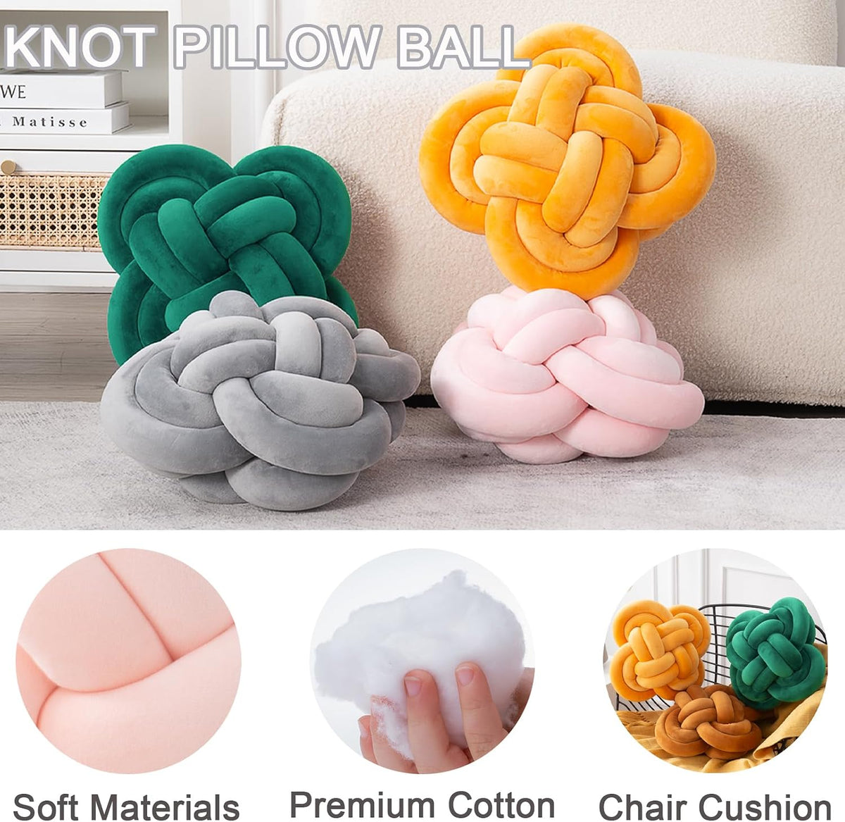 Knot Pillow, Decorative Throw Pillows with Soft Plush for Couch, 12" Knotted Pillows Black Dorm Room Decor Knot Pillow Ball Decorative Cushion for Bed Living Room