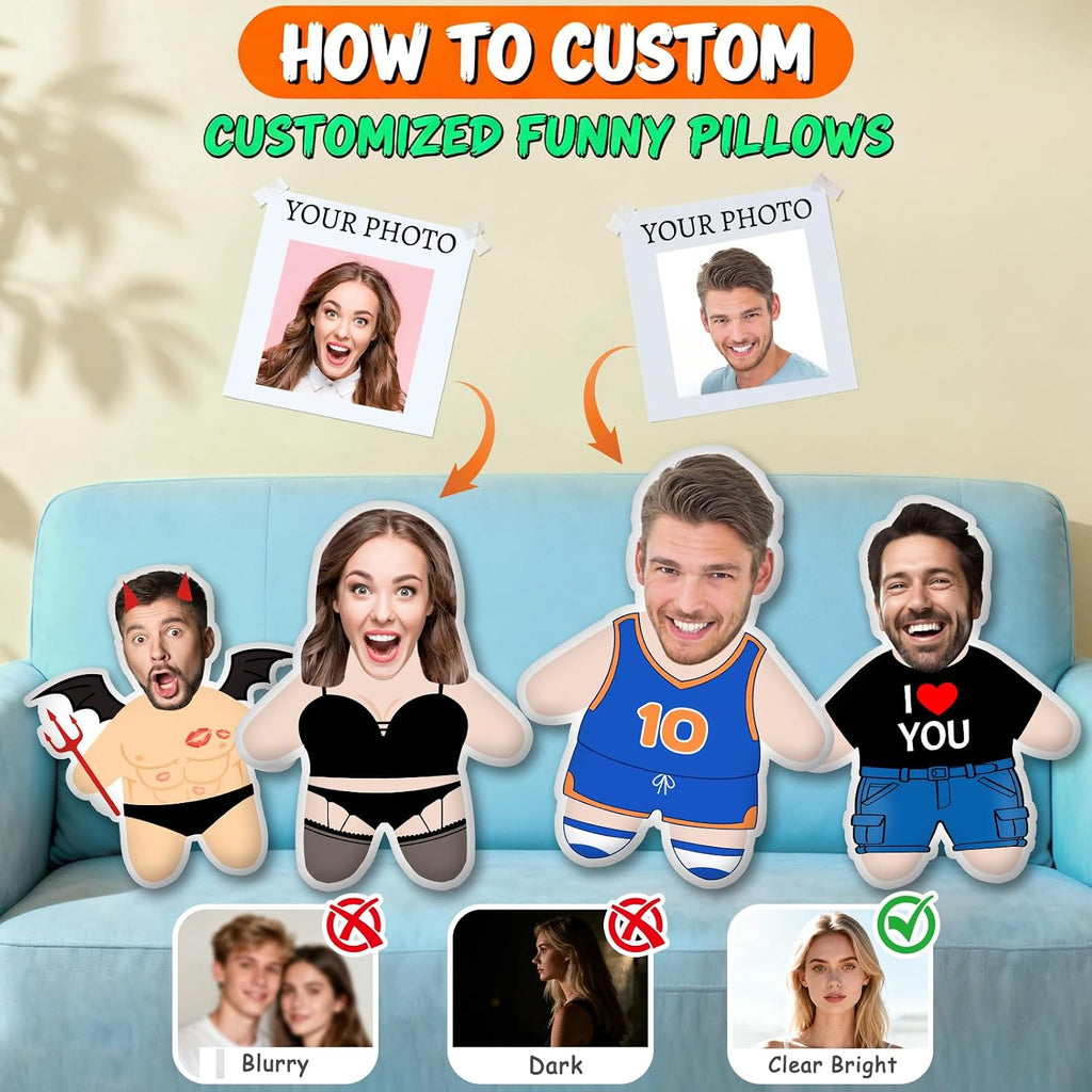 Custom Face Pillow Personalized Photo Plush Doll with Picture, Customized Pet Stuffed Pillow Funny Christmas Birthday Valentines Day Gifts for Couple Family