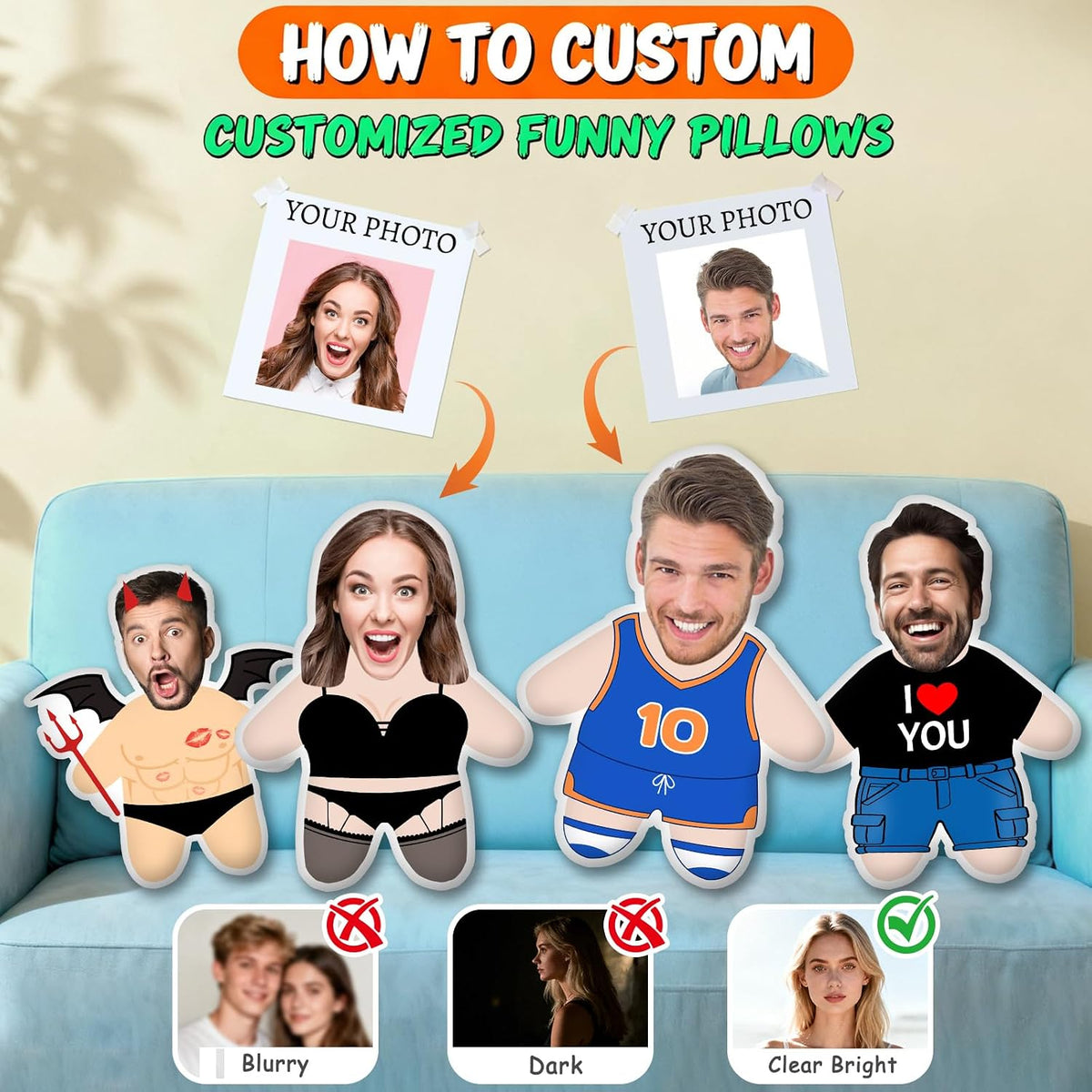 Custom Face Pillow Personalized Photo Plush Doll with Picture, Customized Pet Stuffed Pillow Funny Christmas Birthday Valentines Day Gifts for Couple Family