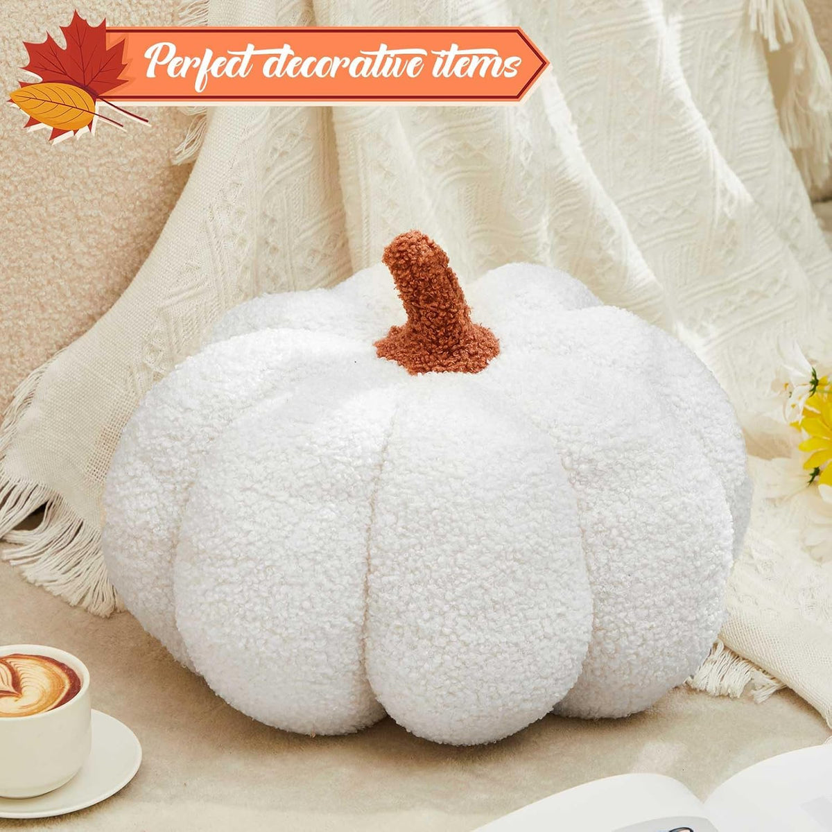 Juexica Stuffed Pumpkin Pillow Fall Halloween Decor Cushion,White,Small