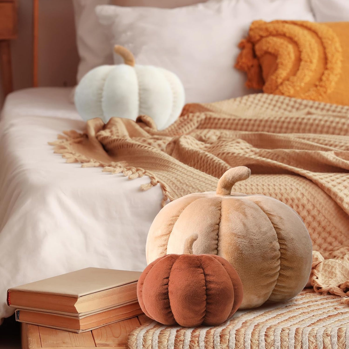 Geelin 3 Pcs Fall Pumpkin Throw Pillows Cozy Fall Decor, Brown, Velvet