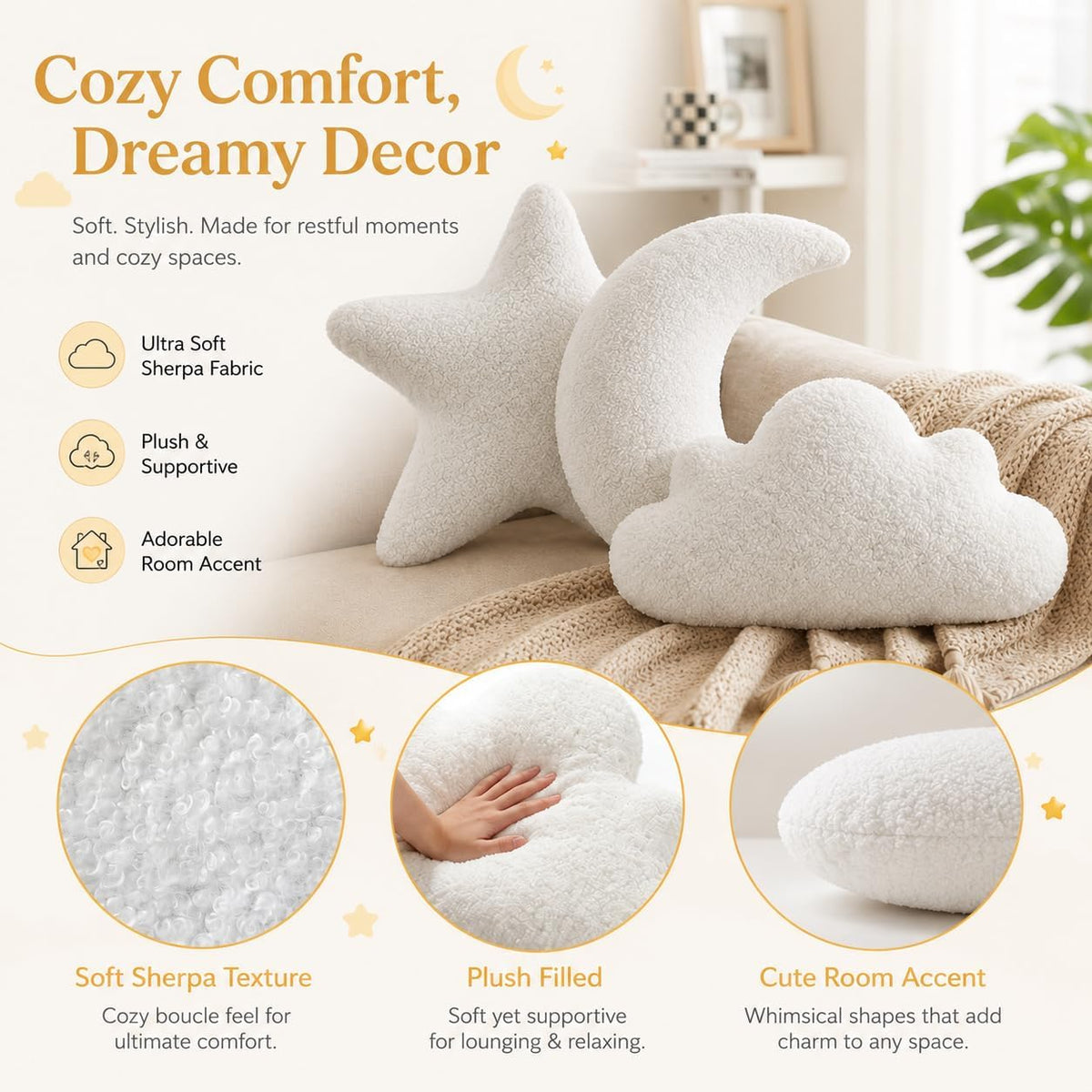 Cumule 3 Pack Cloud Moon Star Shaped Throw Pillows 16 Inch