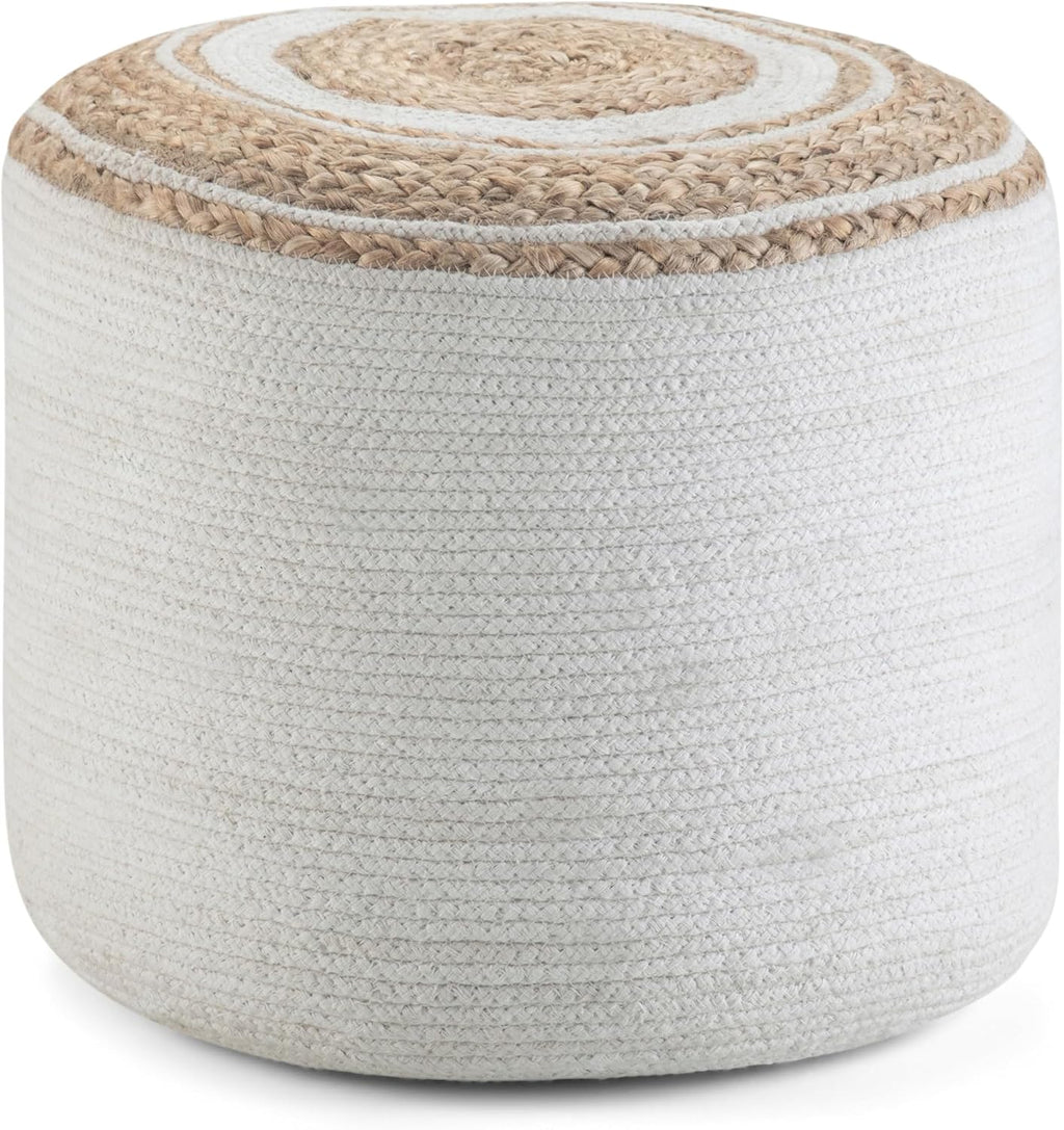 SIMPLIHOME Serena 18" Wide Round Pouf in White/Natural Jute and Cotton