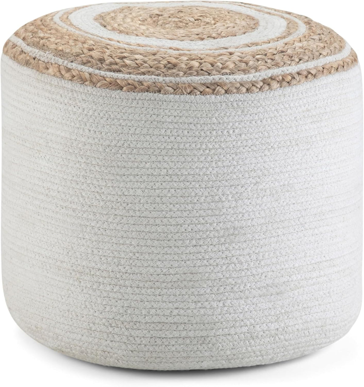 SIMPLIHOME Serena 18" Wide Round Pouf in White/Natural Jute and Cotton