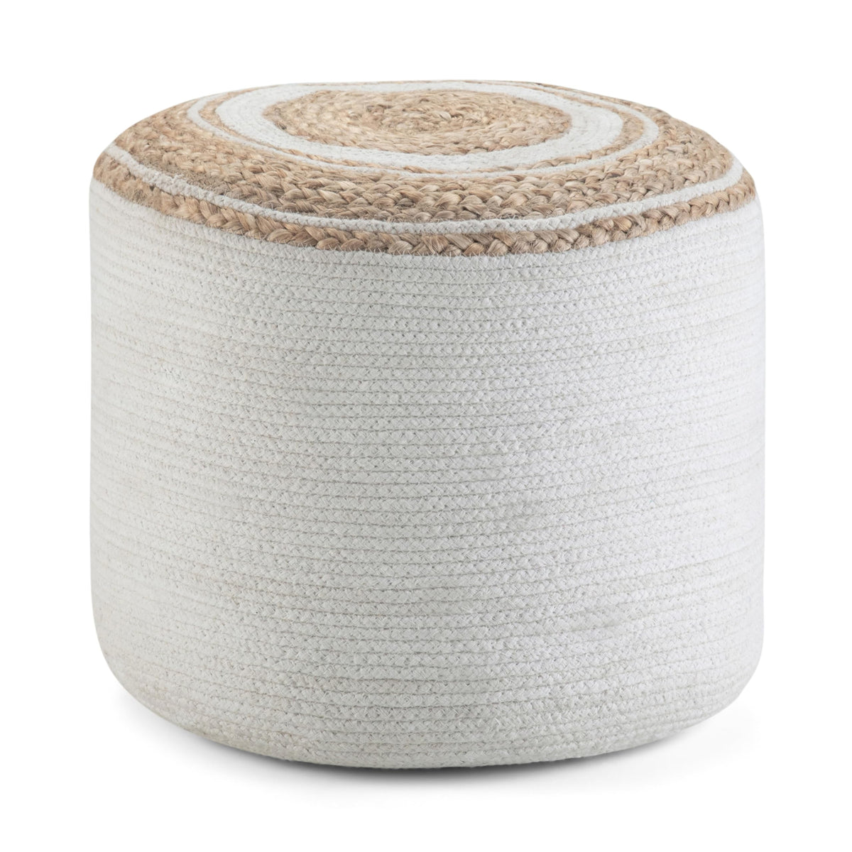 SIMPLIHOME Serena 18" Wide Round Pouf in White/Natural Jute and Cotton