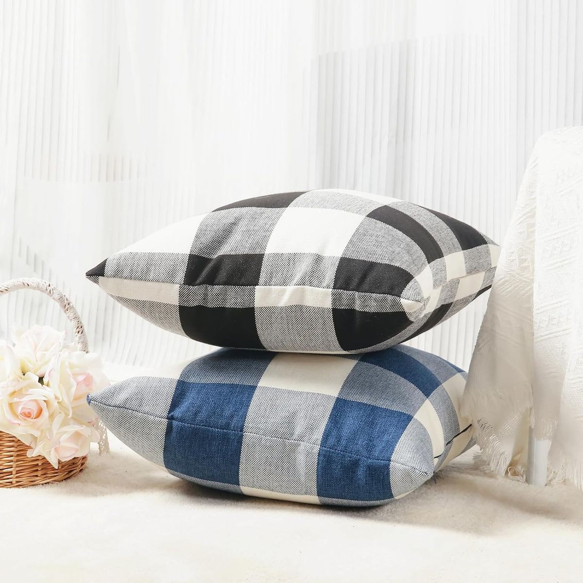 Rustic Buffalo Plaid Pillows with Inserts Set of 2, Retro Cotton Linen Decorative Throw Pillows for Front Porch Patio Decor, Classic Home Decor for Sofa Bed Couch(Black White, 16" x 16")
