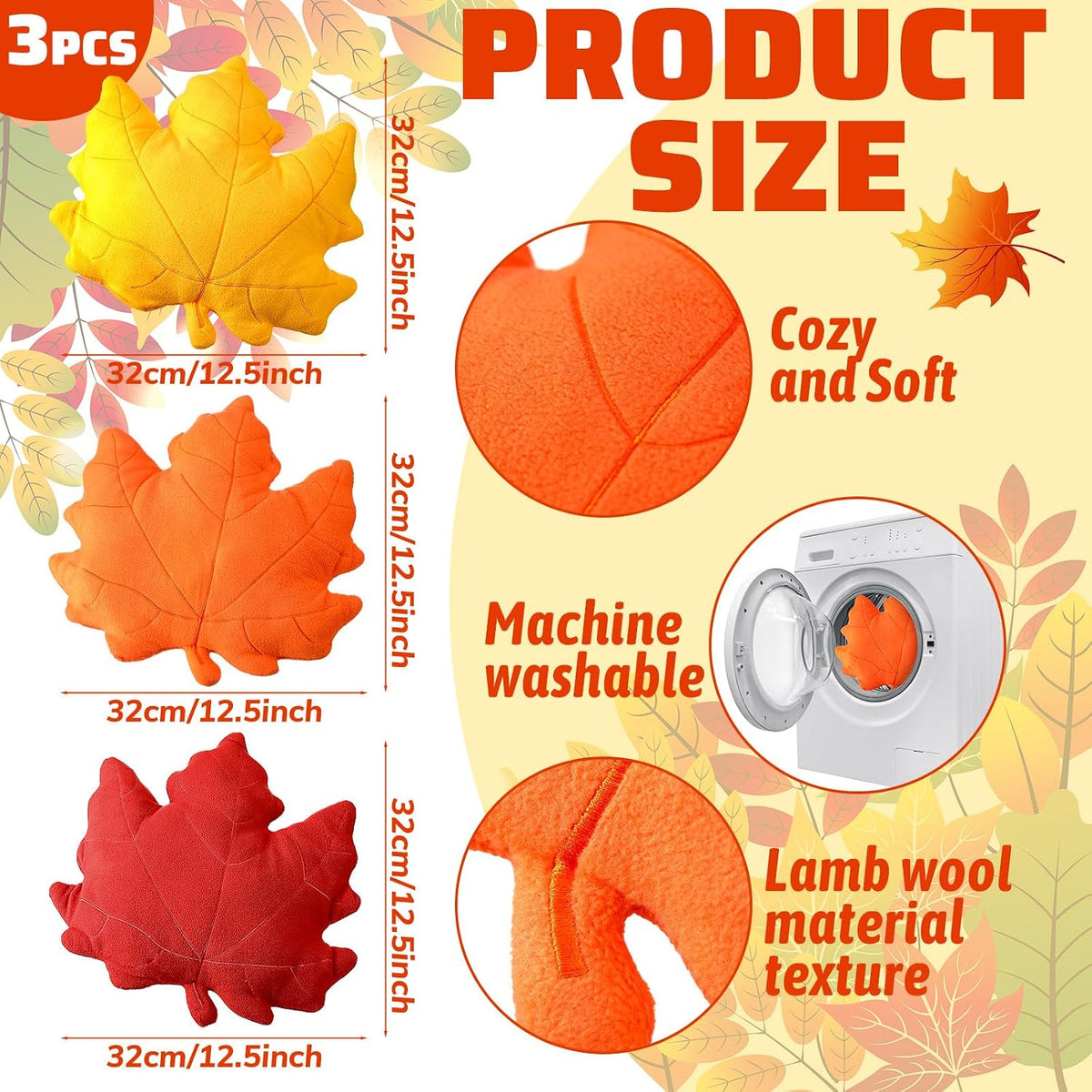 FairySandy 3 Pcs Fall Throw Pillows Maple Leaf Pillow Fall Autumn Maple Shaped Pillows 3D Leaves Decorative Soft Plush Pillow Cushion for Home Bedroom Party Living Room Couch Sofa Car