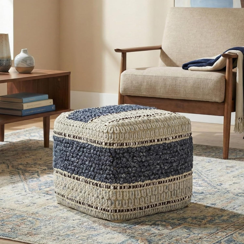 SIMPLIHOME Grady Square Pouf - 18 inch Wide Wool and Cotton Handloom Woven Ottoman in Natural/Blue, Contemporary Footstool or Extra Seating for Living Room with Polystyrene Bead Filling, Assembled