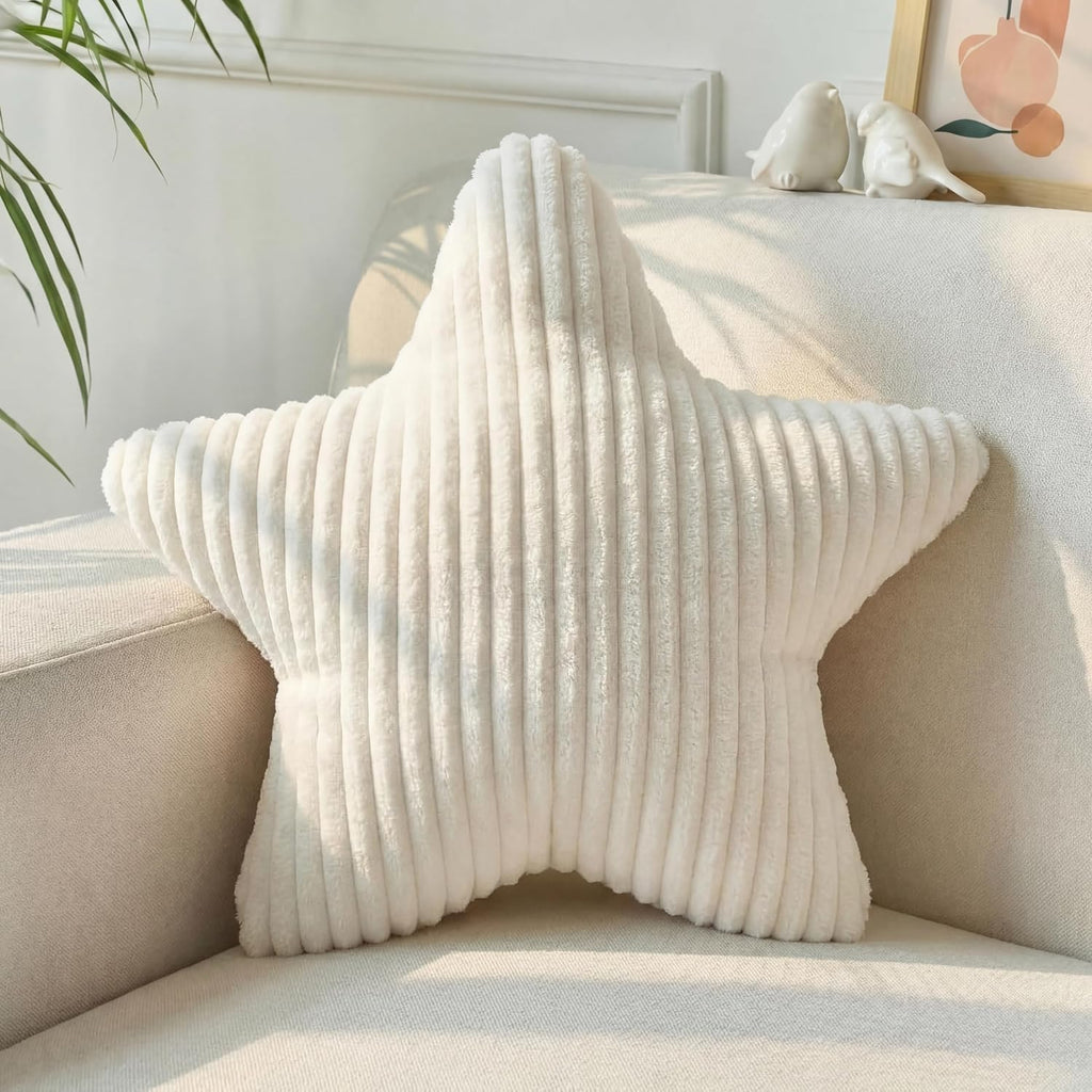 Qunclay 15" Star Pillow Star Soft Striped Faux Fur Plush White Throw Pillow