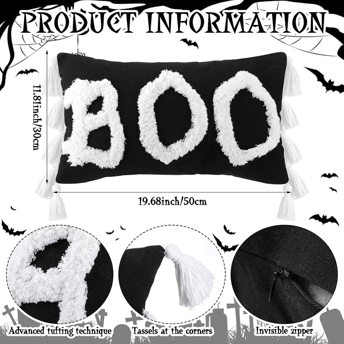 Yuntau Halloween Lumbar Pillow Covers, 12 x 20 Inch Boo Throw Pillow Case