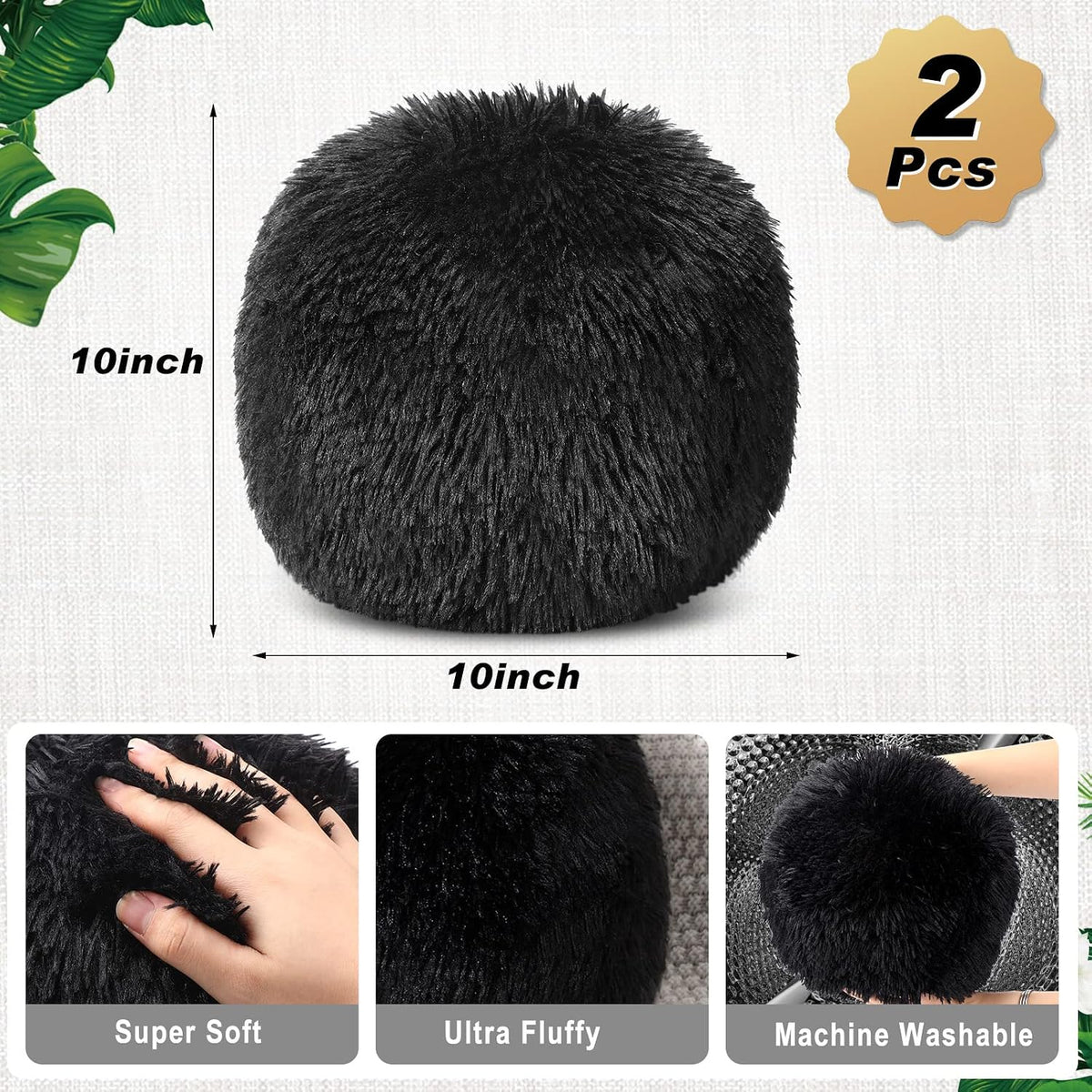 Black Round Ball Throw Pillow Plush Fluffy 10 Inch
