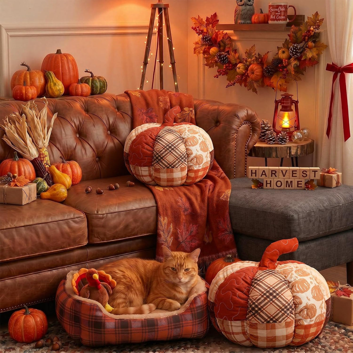 Junkin Pumpkin Pillow Set of 2 Orange Fall Patchwork Pillows