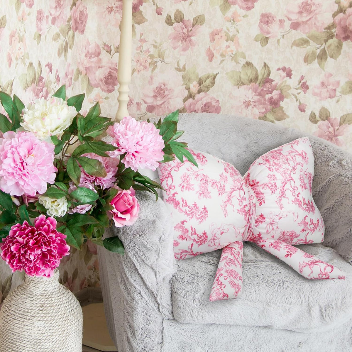 Colingmill Bow Shaped Throw Pillow 24 Inch Pink White Floral Decorative