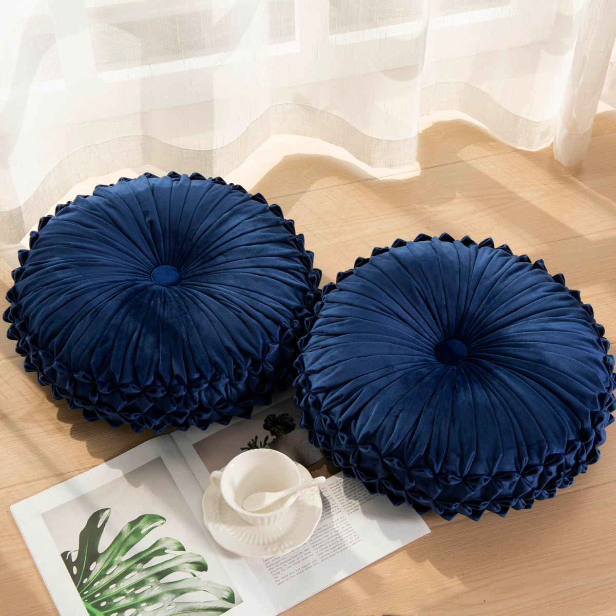 Round Throw Pillow Set of 2 – Decorative Velvet Ruched Pumpkin Pillows with Button Center, Soft Handmade Cushions for Couch Sofa Bed Farmhouse Vintage Rustic Decor, 14.5" R, Yellow