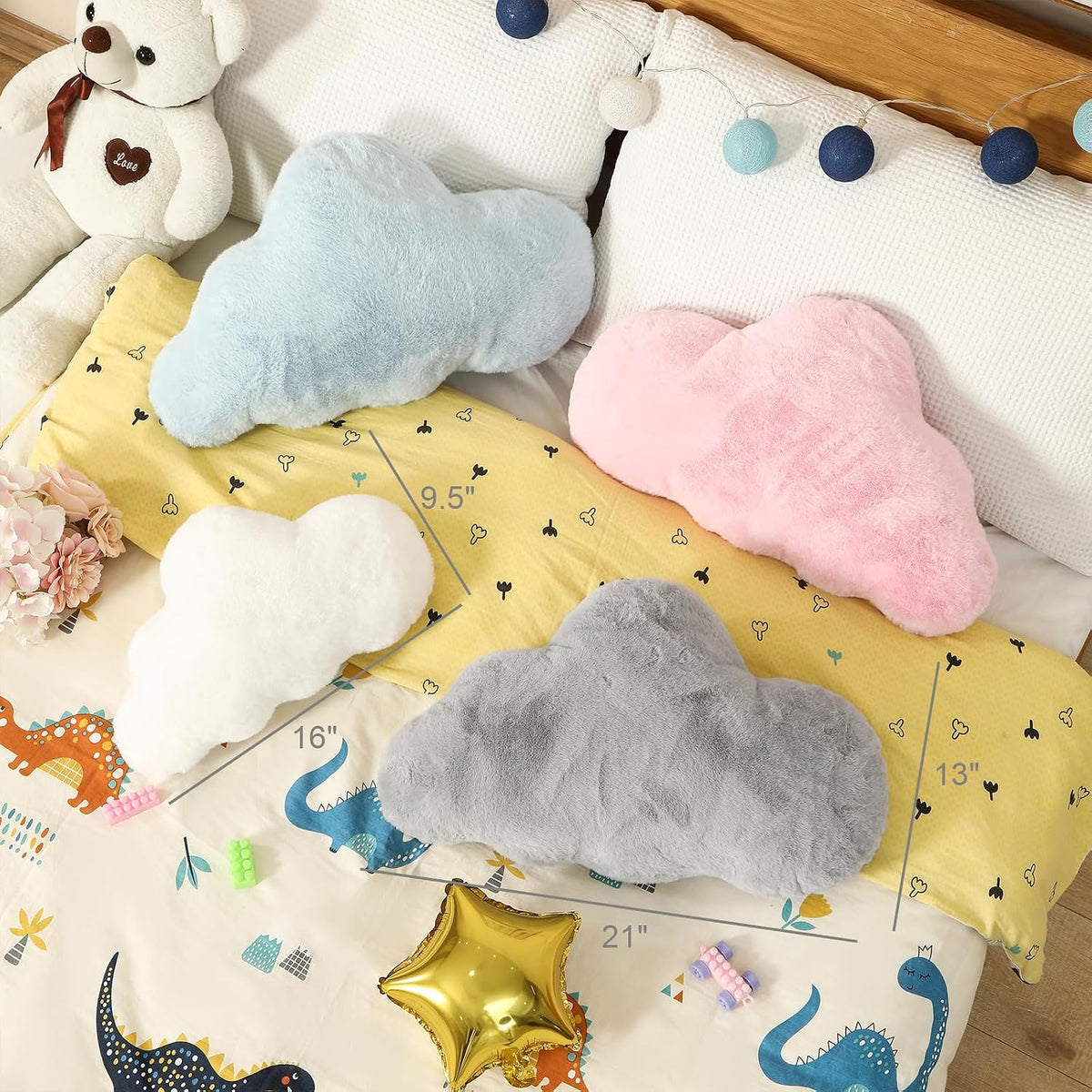 YRXRUS Cloud Pillows, White Cloud Shaped Pillow, Decorative Throw Pillow Gifts, Cute Plush Room Decor, Fluffy Faux Rabbit Fur 9.5"x16" Pillows for Living Bedroom Kids Room