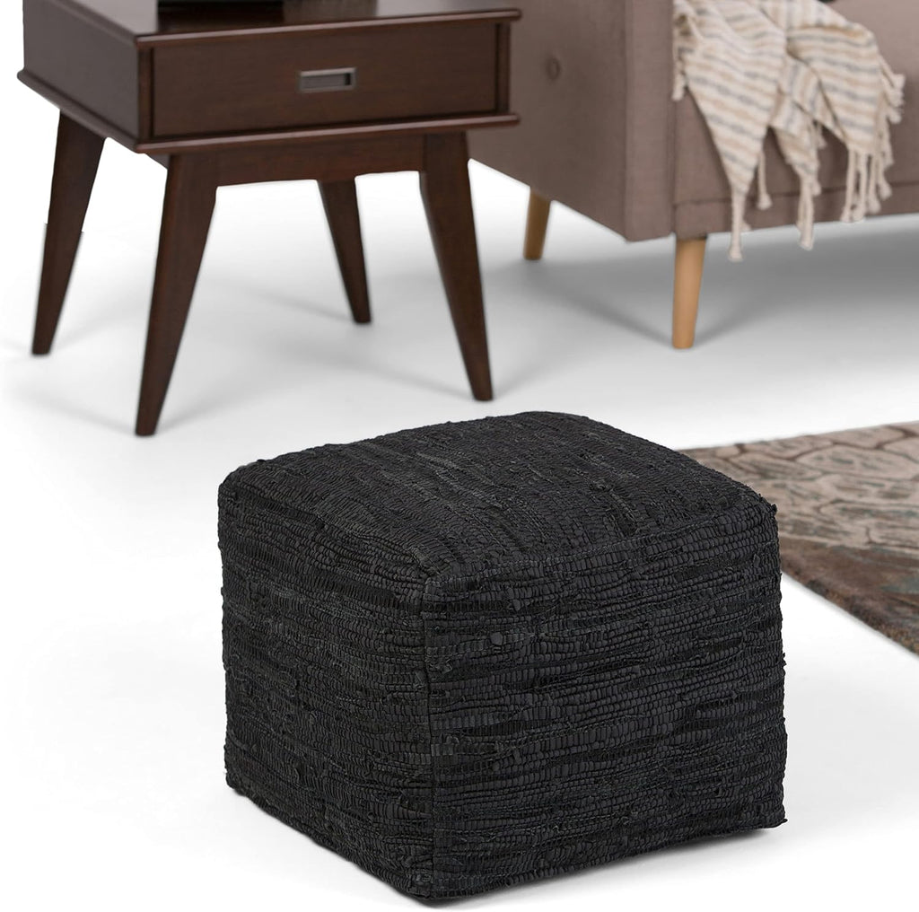 SIMPLIHOME Fredrik 18" Wide Square Pouf in Black Genuine Woven Leather