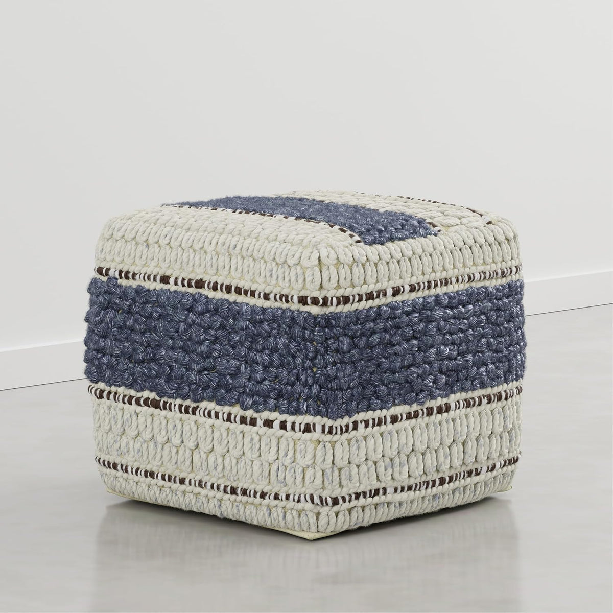 SIMPLIHOME Grady Square Pouf - 18 inch Wide Wool and Cotton Handloom Woven Ottoman in Natural/Blue, Contemporary Footstool or Extra Seating for Living Room with Polystyrene Bead Filling, Assembled