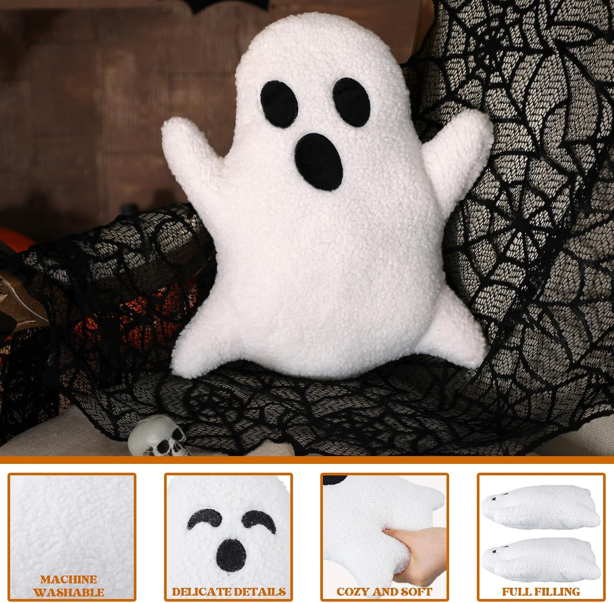 Konohan 3 Pcs White Ghost Halloween Throw Pillows Lovely Plush Stuffed