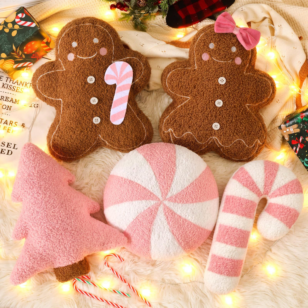 Geelin 5 Pcs Christmas Throw Pillows Gingerbread Xmas Tree Snowflake Candy
