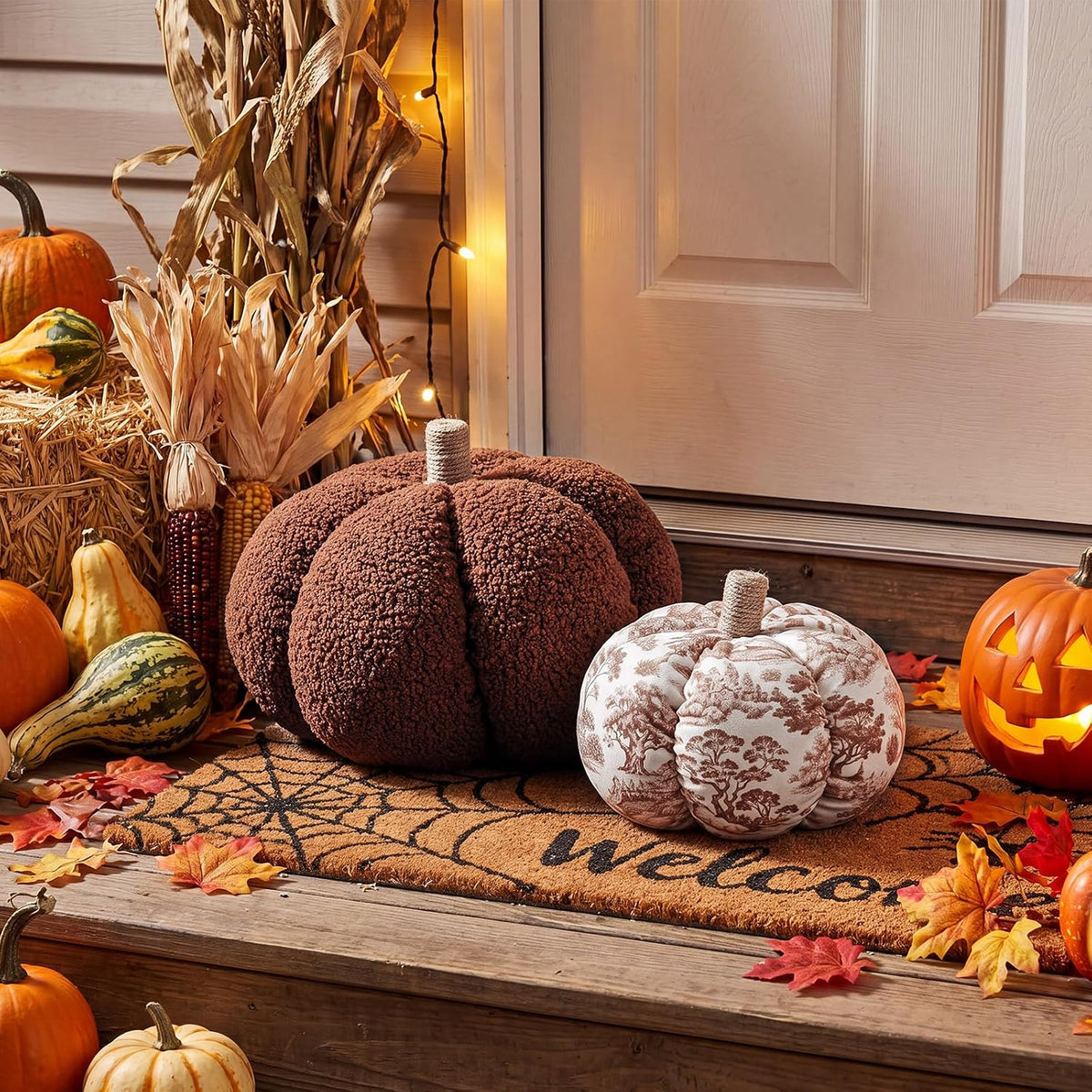 Bucherry 2 Pcs Fall Pumpkin Pillows 3D Plush Throw Cushions for Sofa