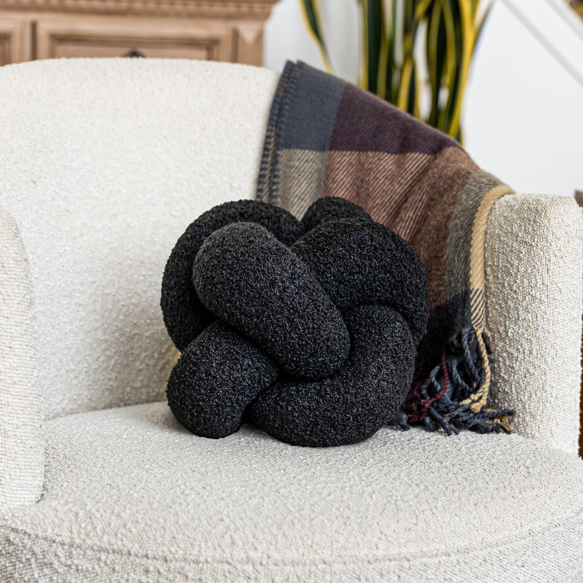 SAMIAH LUXE Charcoal Black Teddy Boucle Knot Pillow Ball 12", Permanently Stitched Knotted Decorative Throw Pillow, Natural Kapok Fill, Round Accent Pillow for Couch Sofa Bed, Boho Home Decor