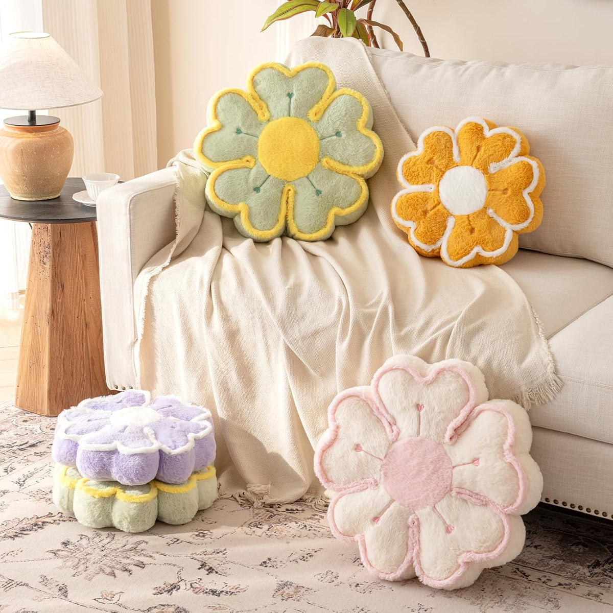 Flower Shaped Decorative Throw Pillow Cushion for Bed Couch, Cute Flower Plush Throw Pillows Home Decor Floor Pillow Seating Cushions (Beige, 13.7 Inches)