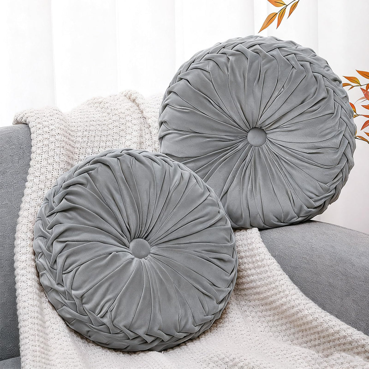 Beeveer 2 Pcs Round Throw Pillows Velvet Pleated Pillows, Ivory