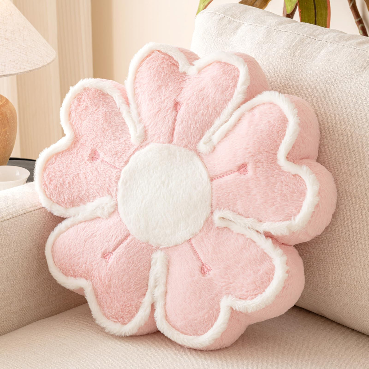Flower Shaped Decorative Throw Pillow Cushion for Bed Couch, Cute Flower Plush Throw Pillows Home Decor Floor Pillow Seating Cushions (Beige, 13.7 Inches)