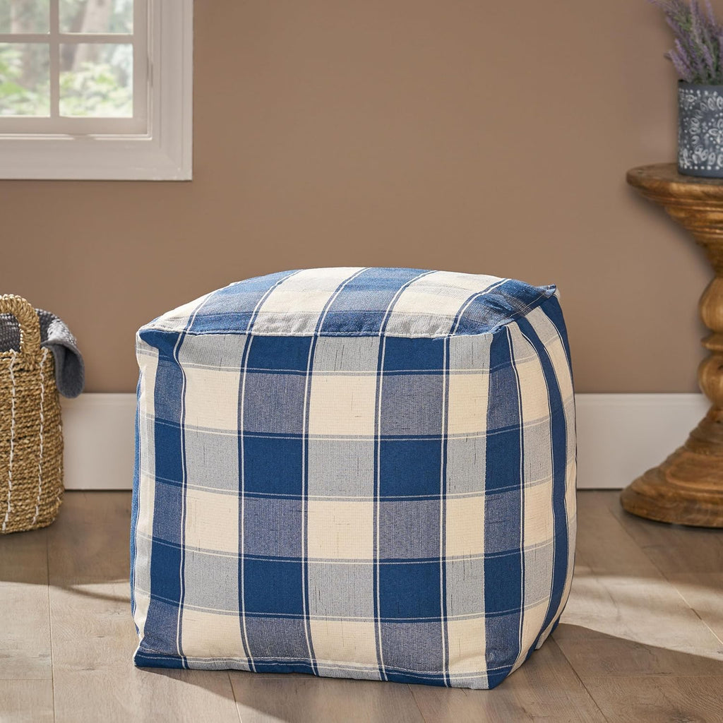 Foamma Pouf Ottoman Natural and Blue, 16"x16"x16" - Square Ottoman Foot Rest for Living Room and Bedroom, Pouf Footstool with Handcrafted Wool Cover, Foot Rest for Couch, Boho Furniture for Home