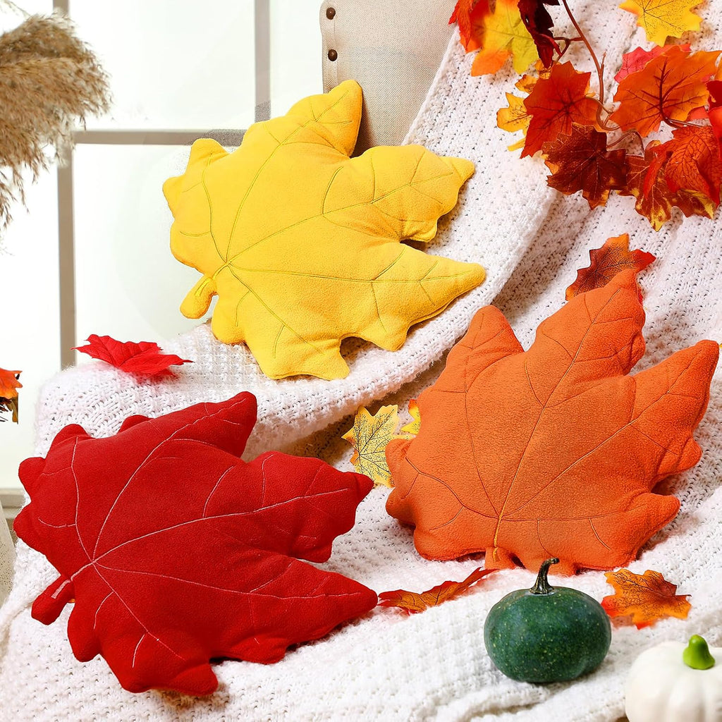 FairySandy 3 Pcs Fall Throw Pillows Maple Leaf Pillow Fall Autumn Maple Shaped Pillows 3D Leaves Decorative Soft Plush Pillow Cushion for Home Bedroom Party Living Room Couch Sofa Car