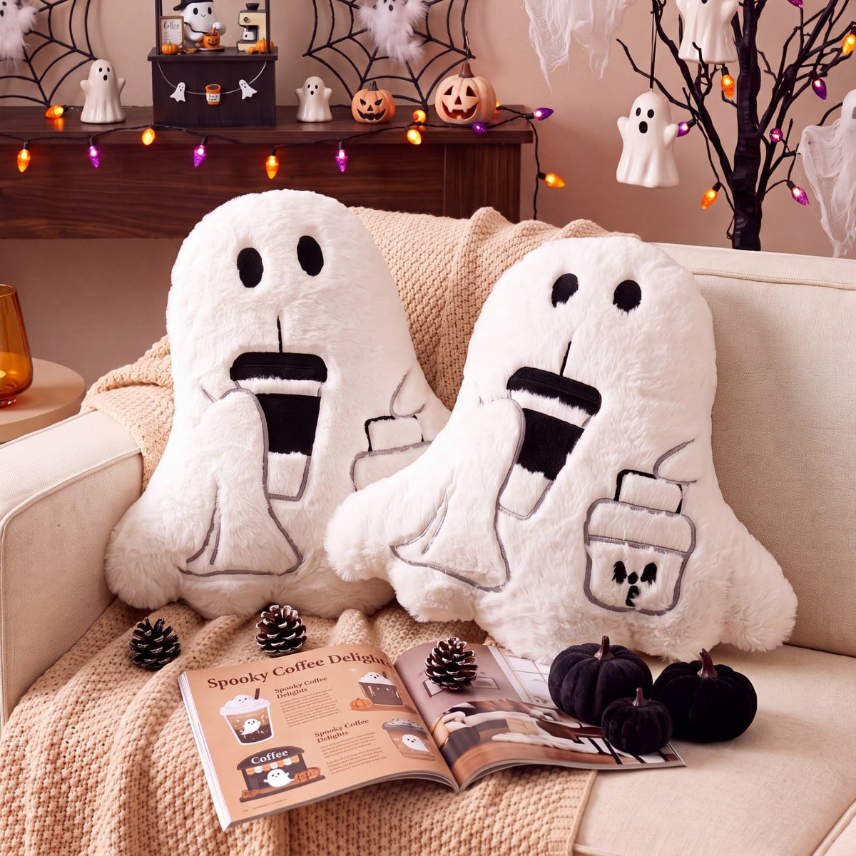 Konohan 3 Pcs White Ghost Halloween Throw Pillows Lovely Plush Stuffed