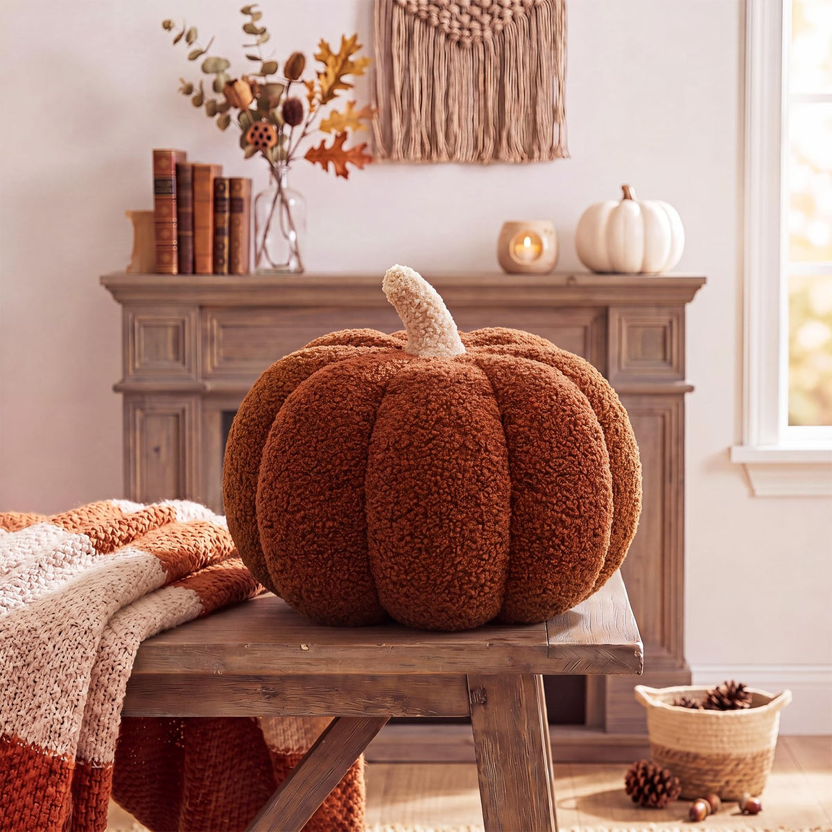 Juexica Stuffed Pumpkin Pillow Fall Halloween Decor Cushion,White,Small