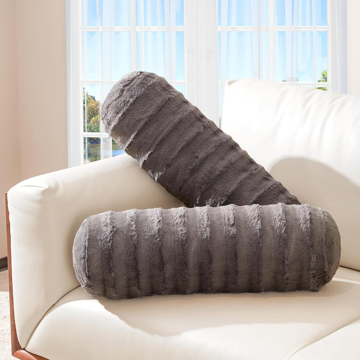 Cheer Collection Faux Fur Bolster Pillows – Soft Decorative Cylinder Pillows for Bed or Couch, Machine Washable – 8” x 24”, Set of 2, Snow Leopard