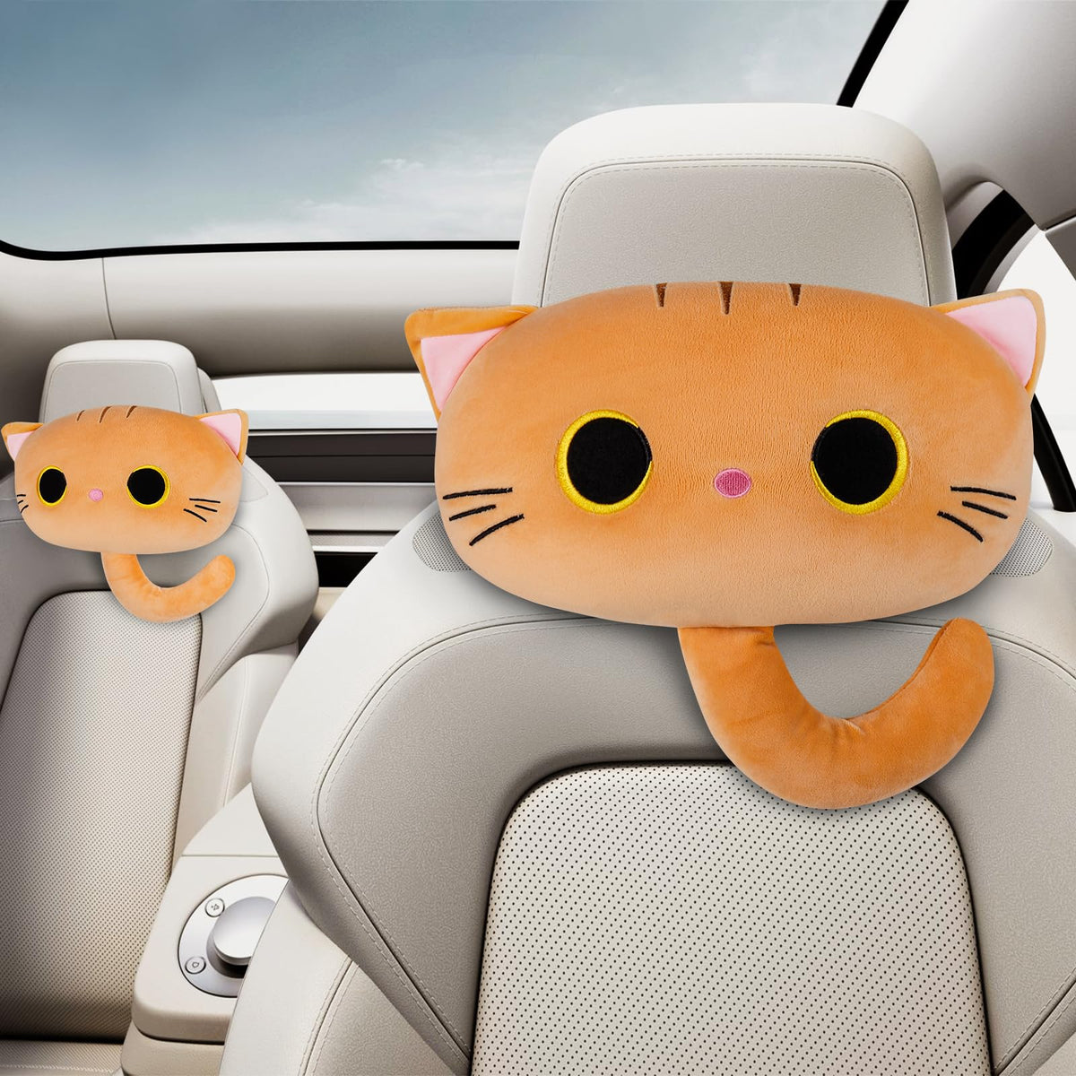Black Cat Car Headrest Pillow Neck Support Plush Cushion for Driving Seat (2 pcs)