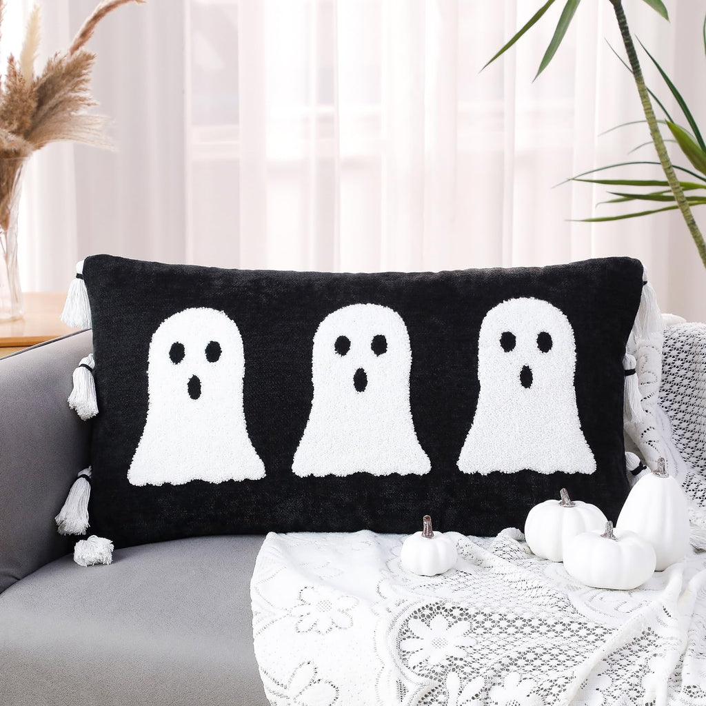 Vercraft Halloween Ghost Lumbar Throw Pillow with Tassels 14x26,White