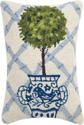 Peking Handicraft Ball Topiary in Chinoiserie Pot with Blue Trellis 12" x 18" Hooked Wool Throw Pillow with Polyfill Insert