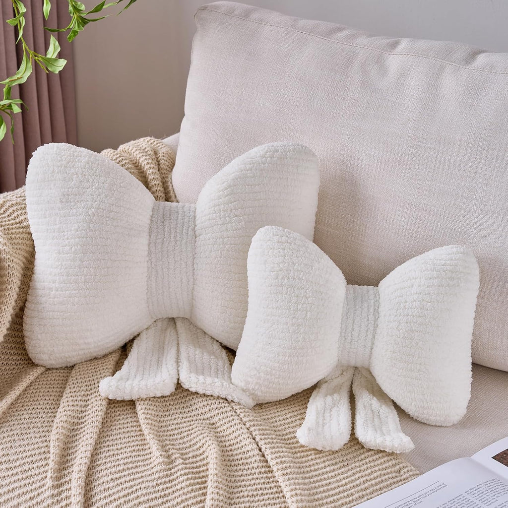 Bow Pillow, Decorative Throw Pillows with Soft Plush, Bow Throw Pillow for Couch Bed, Home Decor Bow Shaped Pillow for Bedroom Living Room (White, 12 Inches)
