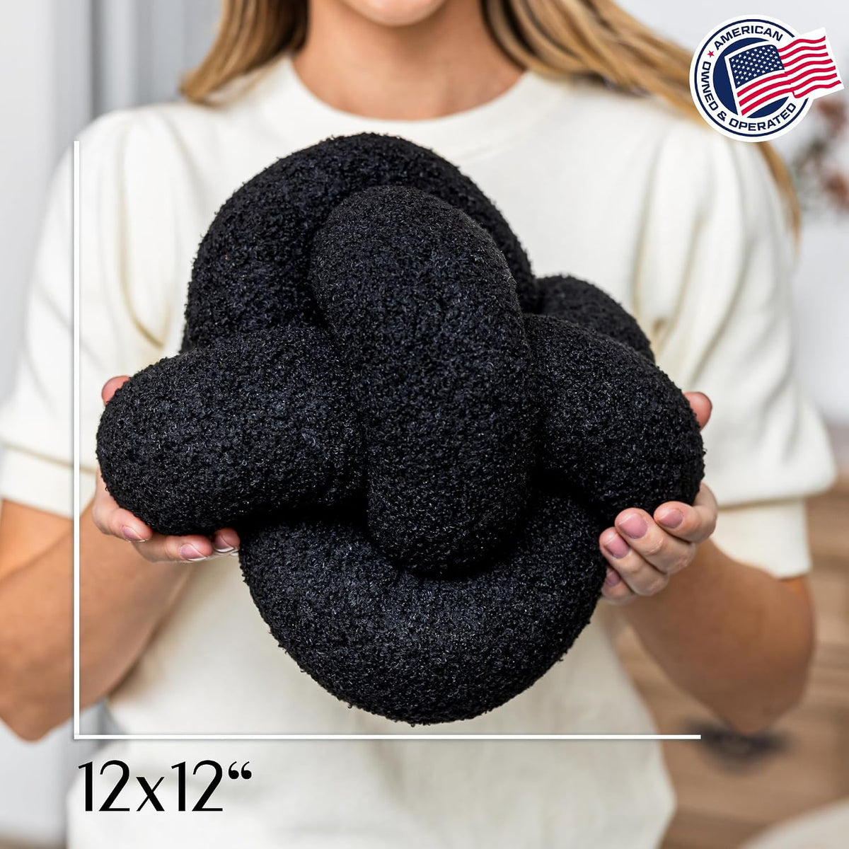SAMIAH LUXE Charcoal Black Teddy Boucle Knot Pillow Ball 12", Permanently Stitched Knotted Decorative Throw Pillow, Natural Kapok Fill, Round Accent Pillow for Couch Sofa Bed, Boho Home Decor