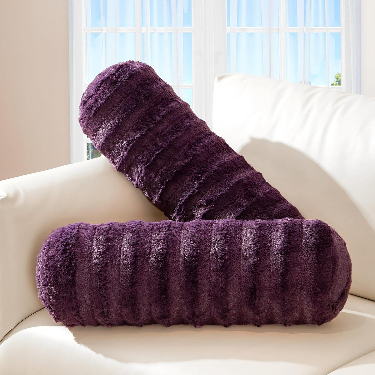 Cheer Collection Faux Fur Bolster Pillows – Soft Decorative Cylinder Pillows for Bed or Couch, Machine Washable – 8” x 24”, Set of 2, Snow Leopard