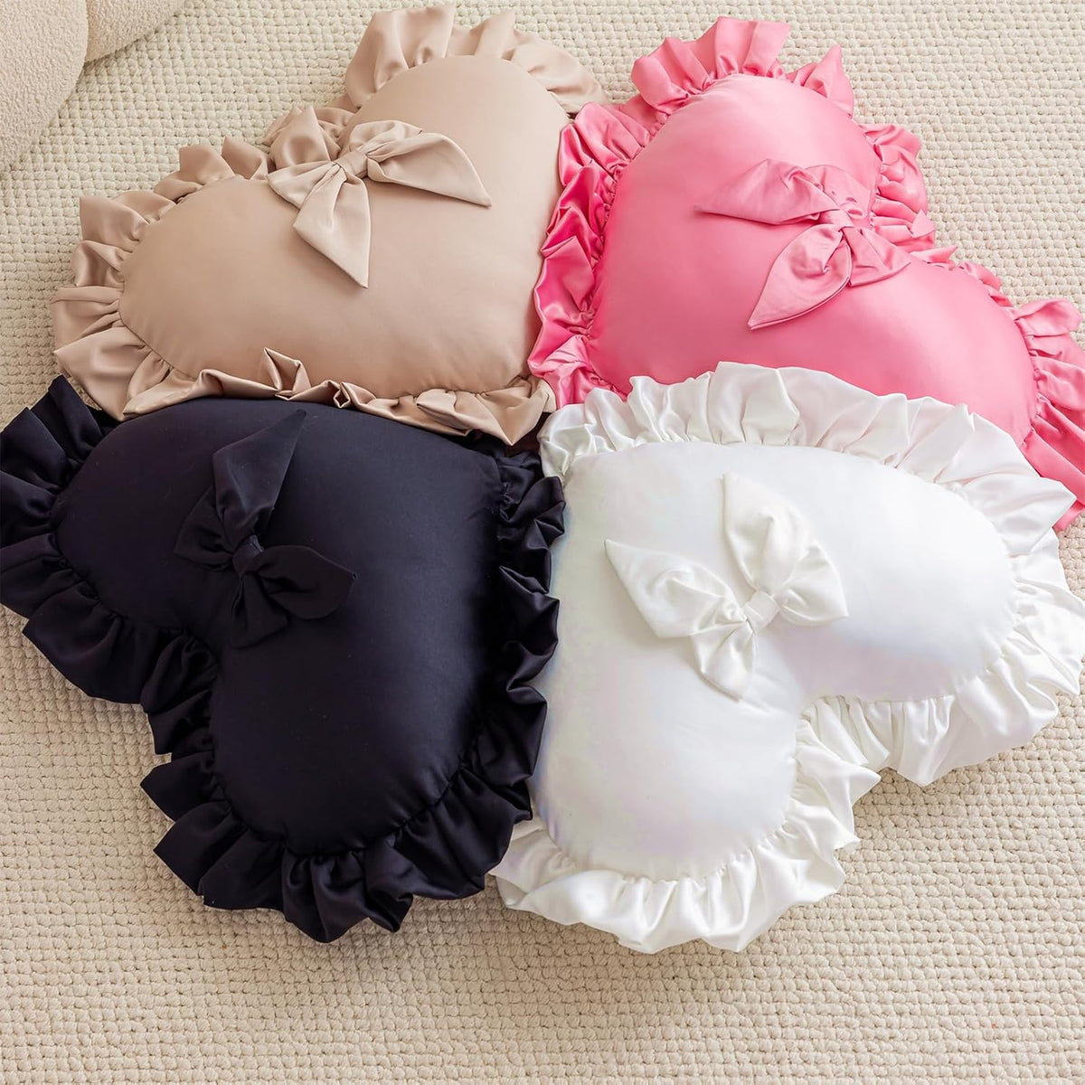 MOJUN Black Heart Pillow, Soft Heart Shaped Pillow with Bow Ruffle Design Love Room Decor Pillows for Sofa Bed Chair Cute Heart Shaped Throw Pillow Cushion for Bedroom Living Room