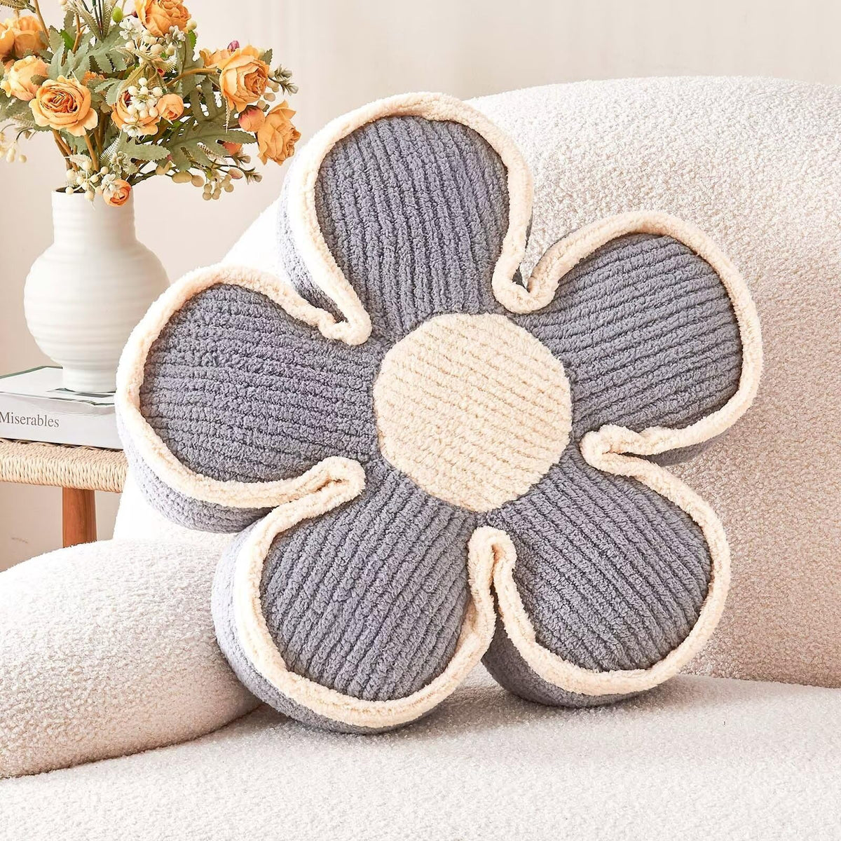 Kcvvcr Soft Flower Shaped Floor Cushion, Plush Decorative Throw Pillow, Cute Seating Cushion, Room Decor Pillow for Sofa Couch Bed (13.7 Inch, Black)