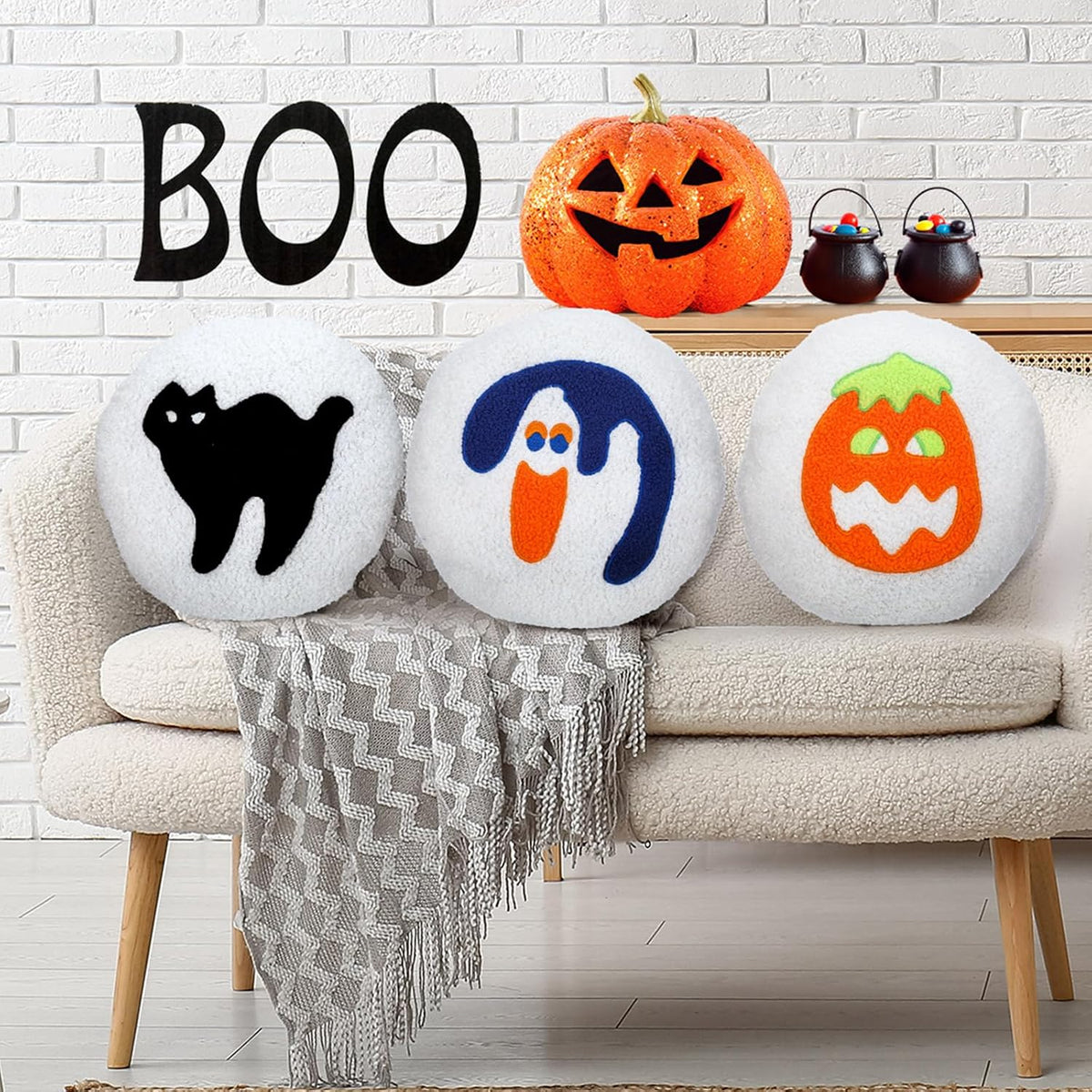 Suzile Halloween Throw Pillows, Boo Cute Spooky Decor, Pumpkin, 3 Pcs