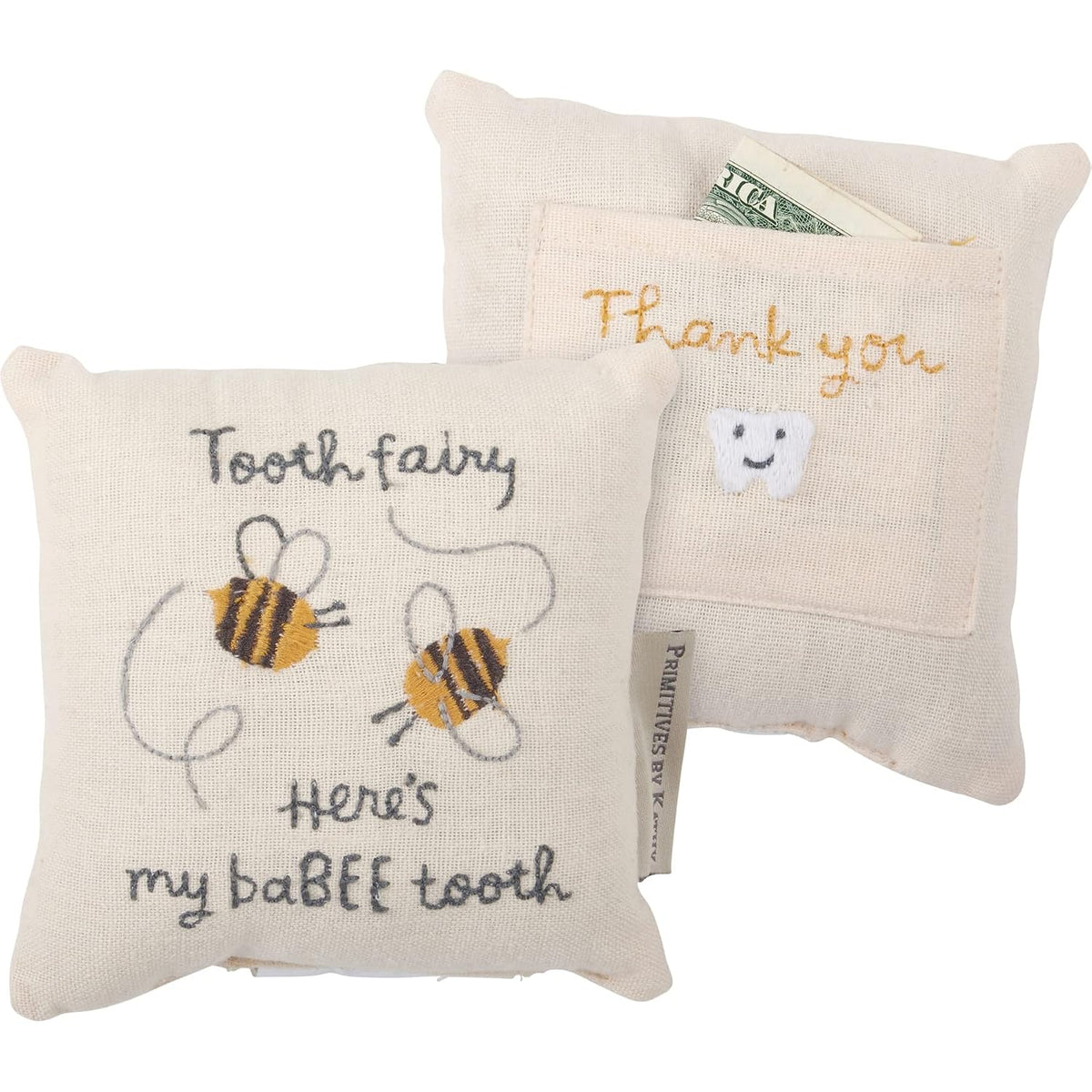 Primitives by Kathy Tooth Fairy Pillow, 5x5-inch - My BaBEE Tooth Keepsake with Storage Pocket for Rewards & Embroidered Bee Design