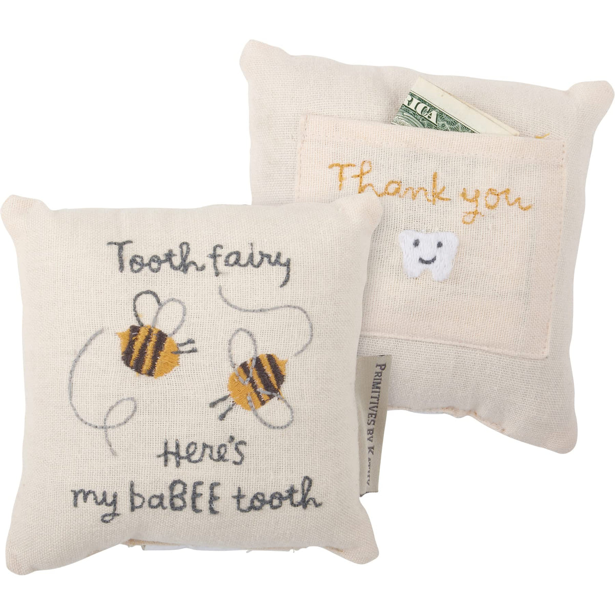 Primitives by Kathy Tooth Fairy Pillow, 5x5-inch - My BaBEE Tooth Keepsake with Storage Pocket for Rewards & Embroidered Bee Design