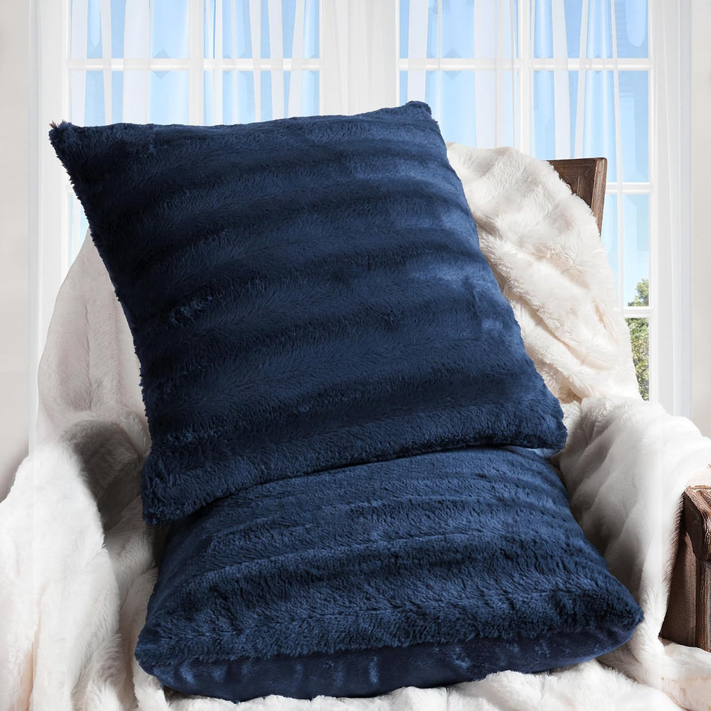 Cheer Collection Faux Fur Throw Pillows - Decorative Pillows for Couch, Bed Throw Pillows, Blue Accent Pillows for Bedroom or Living Room Aesthetic, Set of 2 Furry Throw Pillows, 20" x 20"