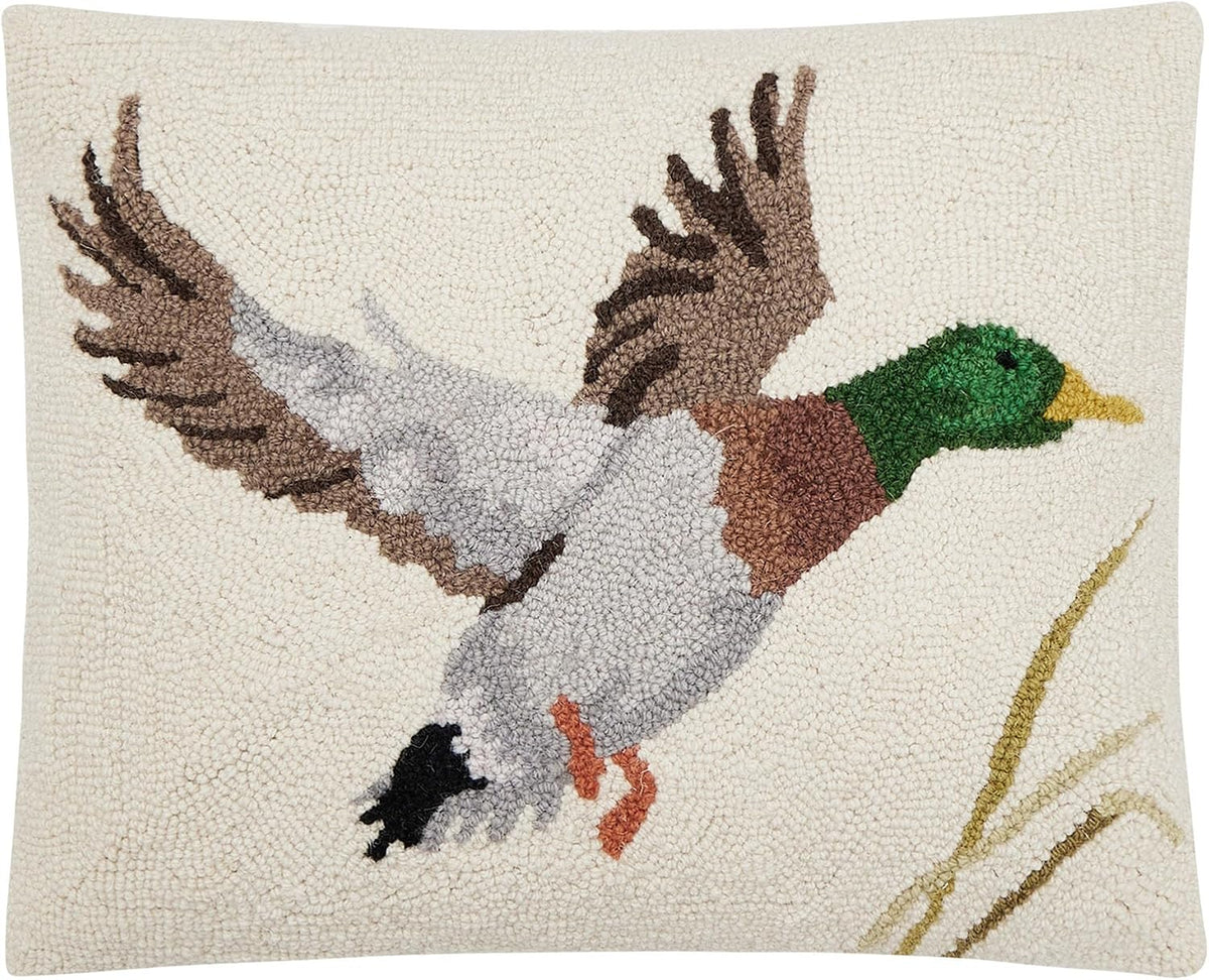 Camp Wandawega Mallard Duck Wool Hook Throw Pillow - Vintage Lodge Cabin Decorative Pillow, Hand-Hooked Oblong 16 x 20 Inch, Lake House Rustic Hunting Decor by Makers Collective